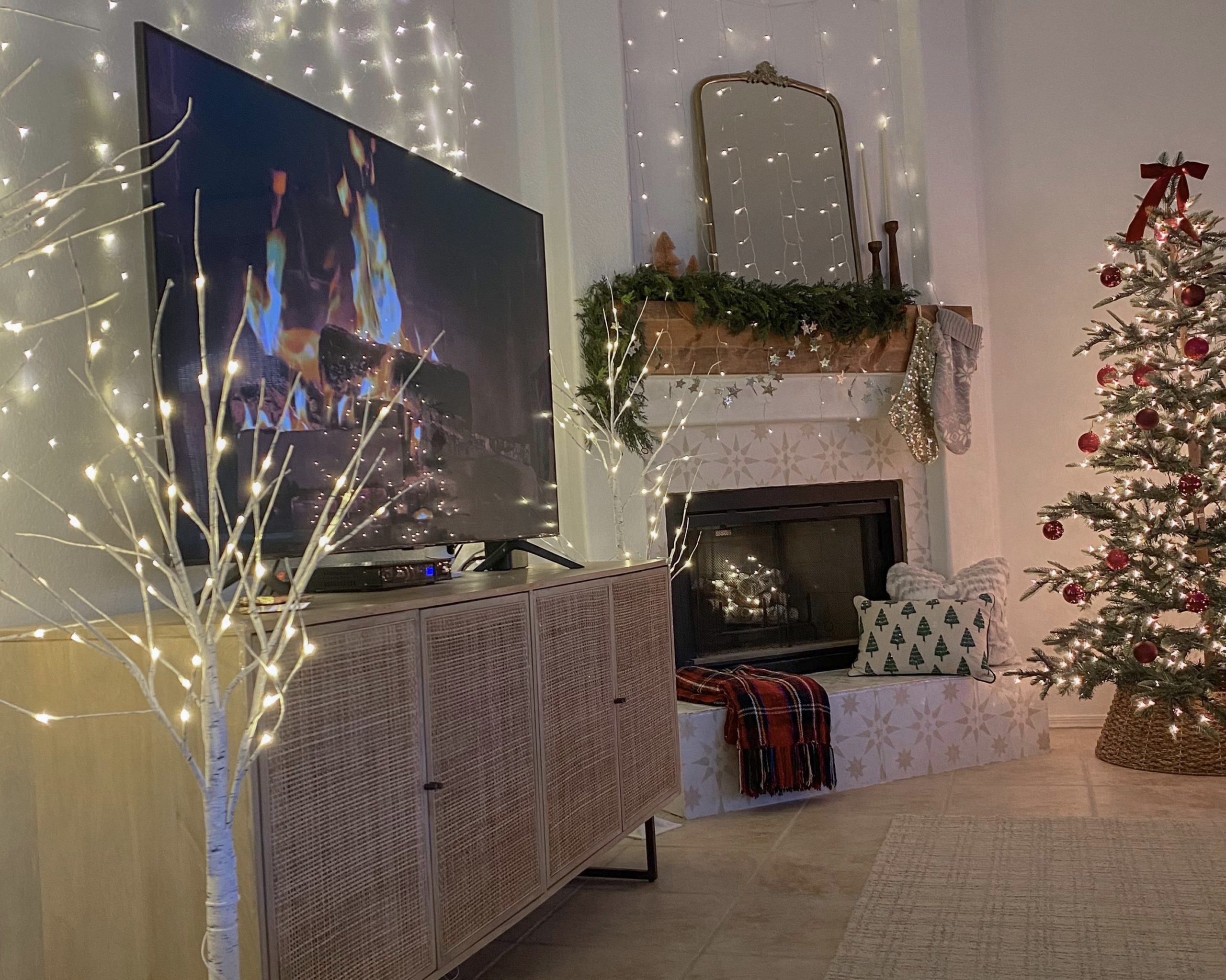 christmas living room, christmas fireplace decor, curtain fairy lights on fireplace, christmas mantle decor