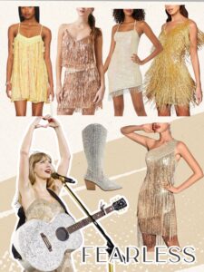 fearless era outfits. taylor swift fearless dress. eras tour outfits. golden noodle dress. silver noodle dress.