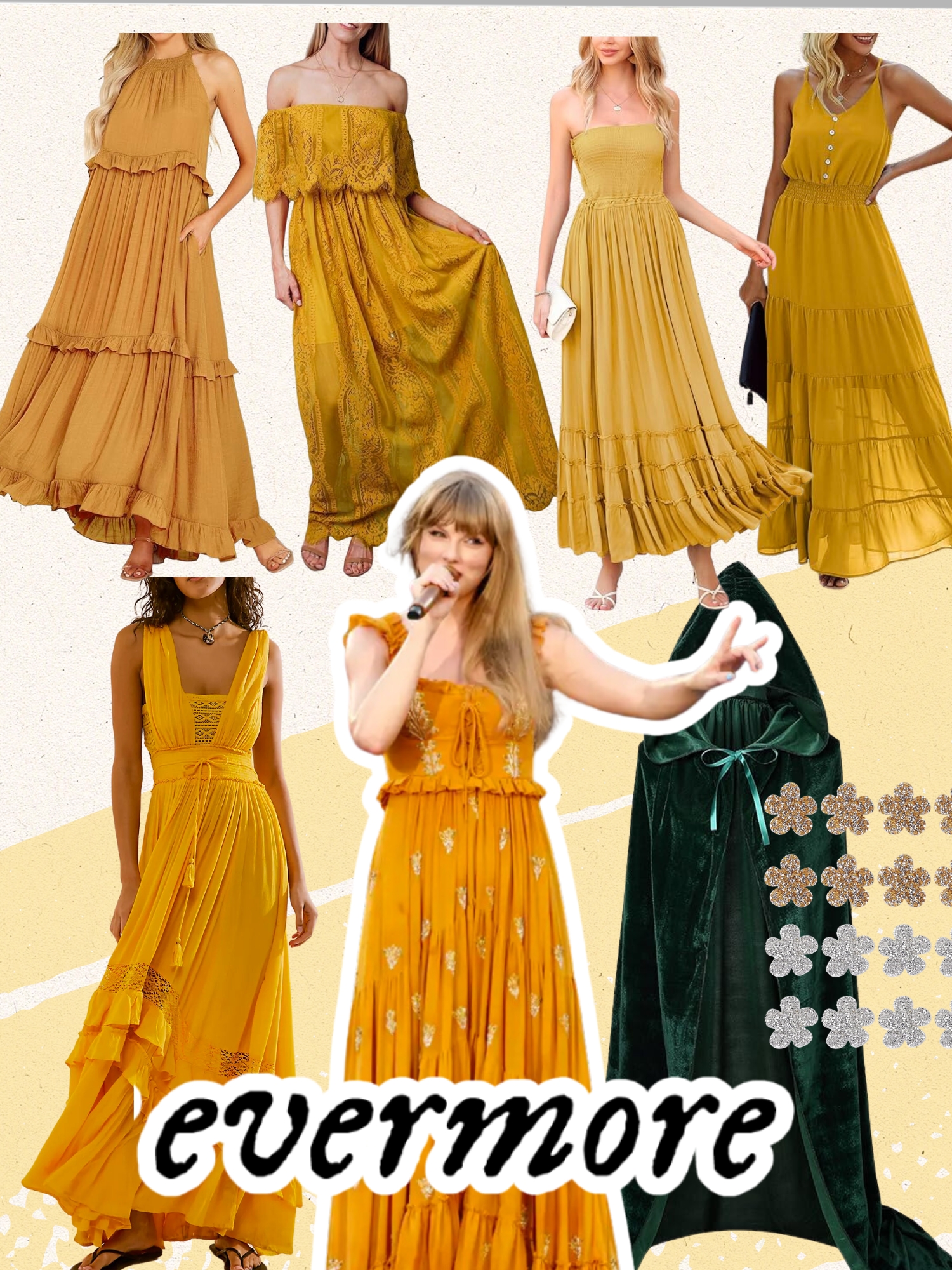 evermore dress. evermore mustard yellow dress. evermore diy dress. evermore applique. green velvet cape