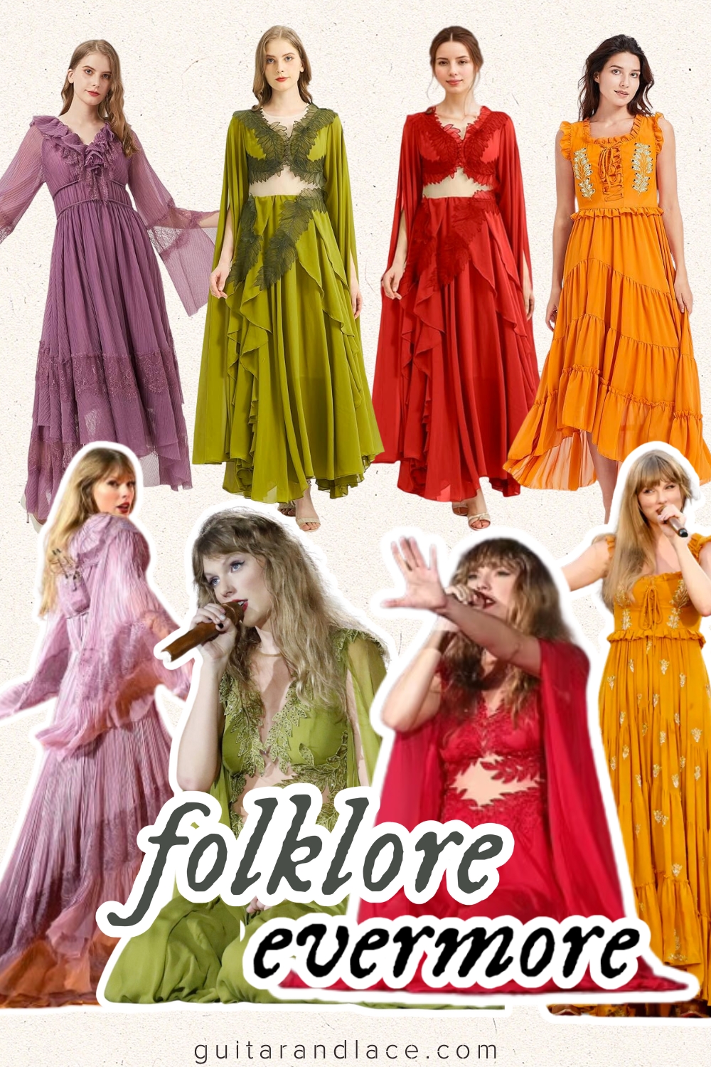 eras tour outfits. folklore dress. evermore dress. eras tour outfit ideas. folklore purple dress. folklore green dress. folklore red dress. folklore orange dress