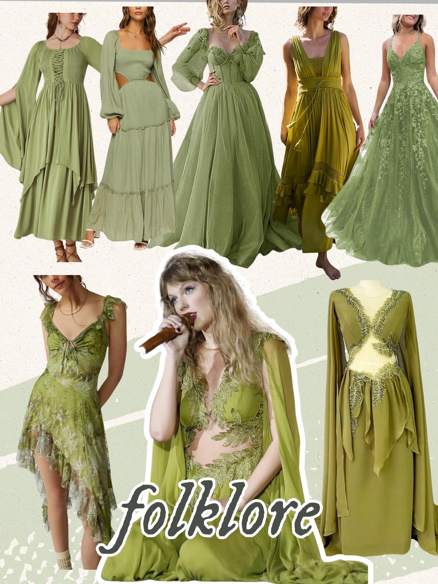 Folklore Green Dress. Green bell sleeve dress. Taylor swift green dress. eras tour green dress.