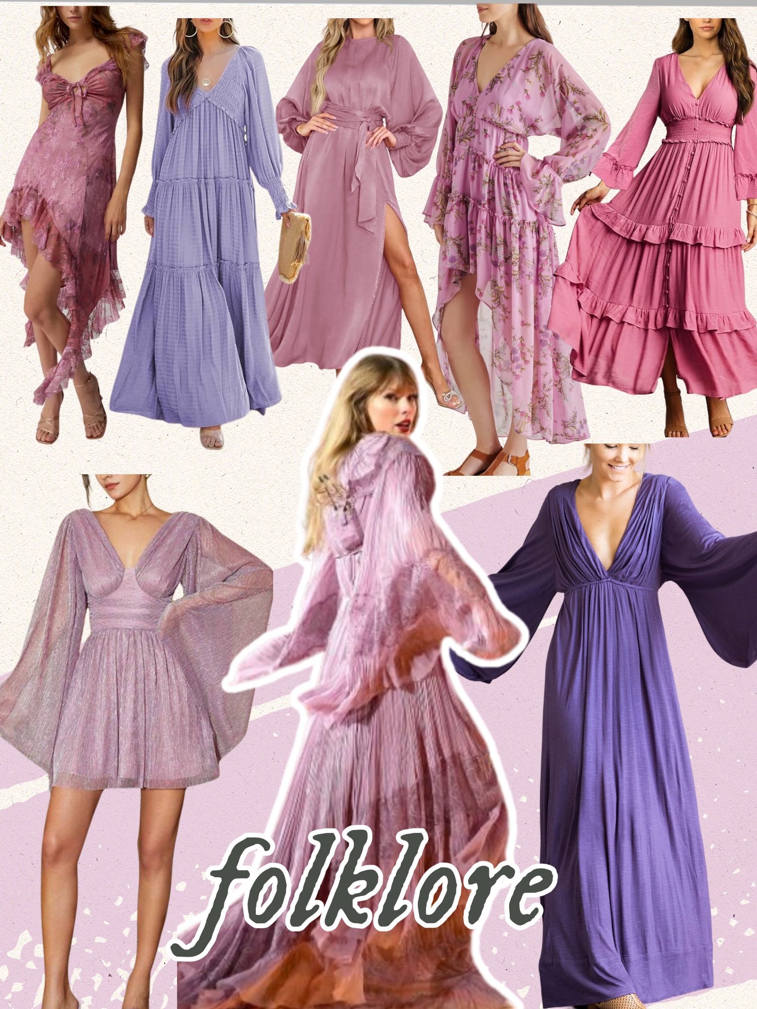 folklore mauve dress. folklore dresses. eras tour outfits. bell sleeve purple dress.