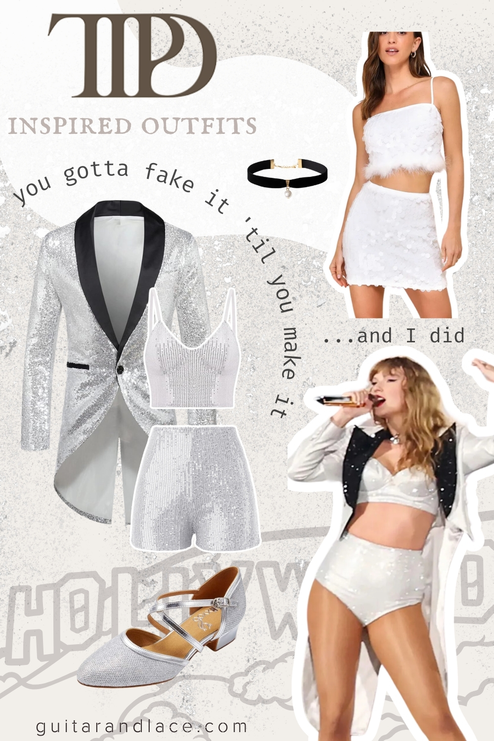 I can do it with a broken heart white outfit. white sparkly shorts. ttpd eras tour outfits.