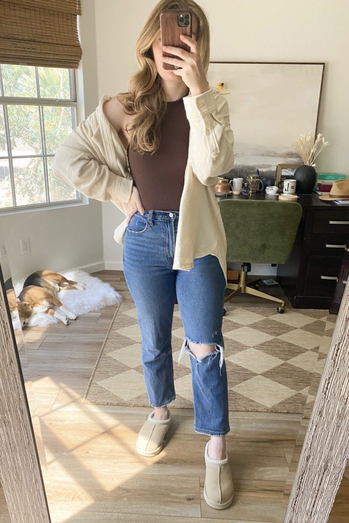 ugg tasman outfits. abercrombie ankle straight jeans. jeans for short girls. flattering jeans. straight leg jeans.