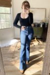 abercrombie stretch flare jeans. flare jeans black bodysuit. flare jeans outfit. abercrombie stretch flares vs vintage flares