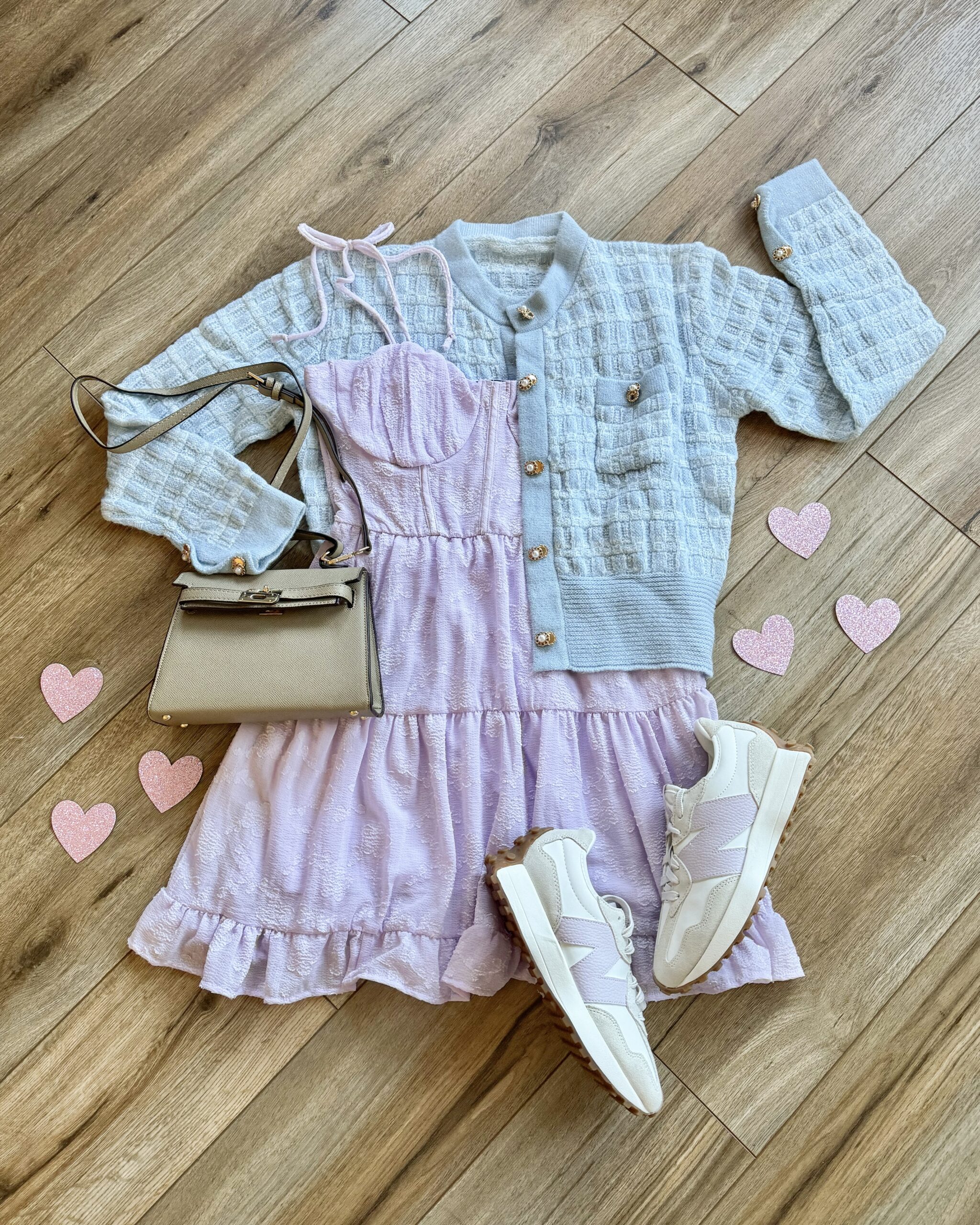 valentine's day outfit. pearl button cardigan. dress with new balance sneakers