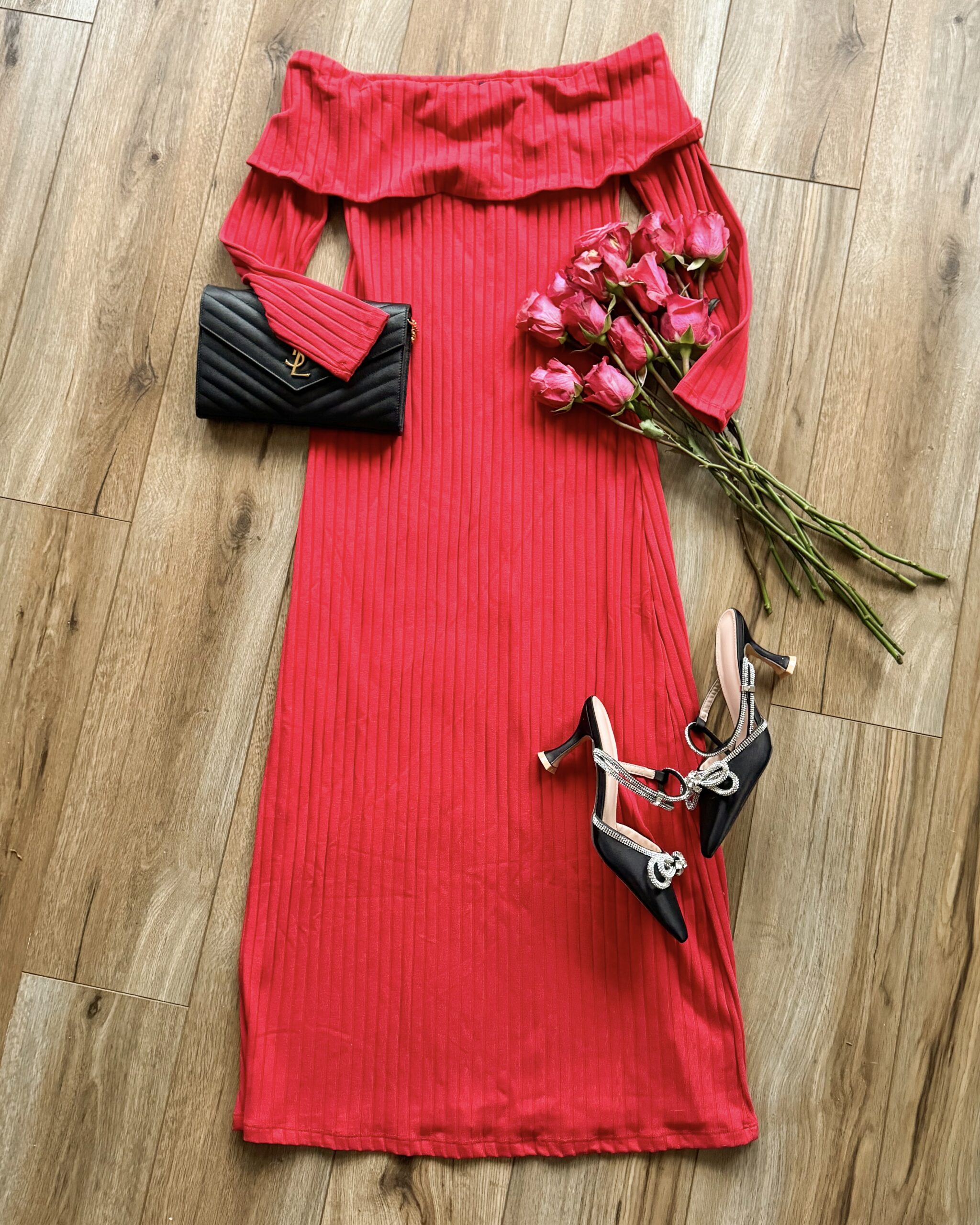 valentine's day outfits. date night dress. red off the shoulder dress