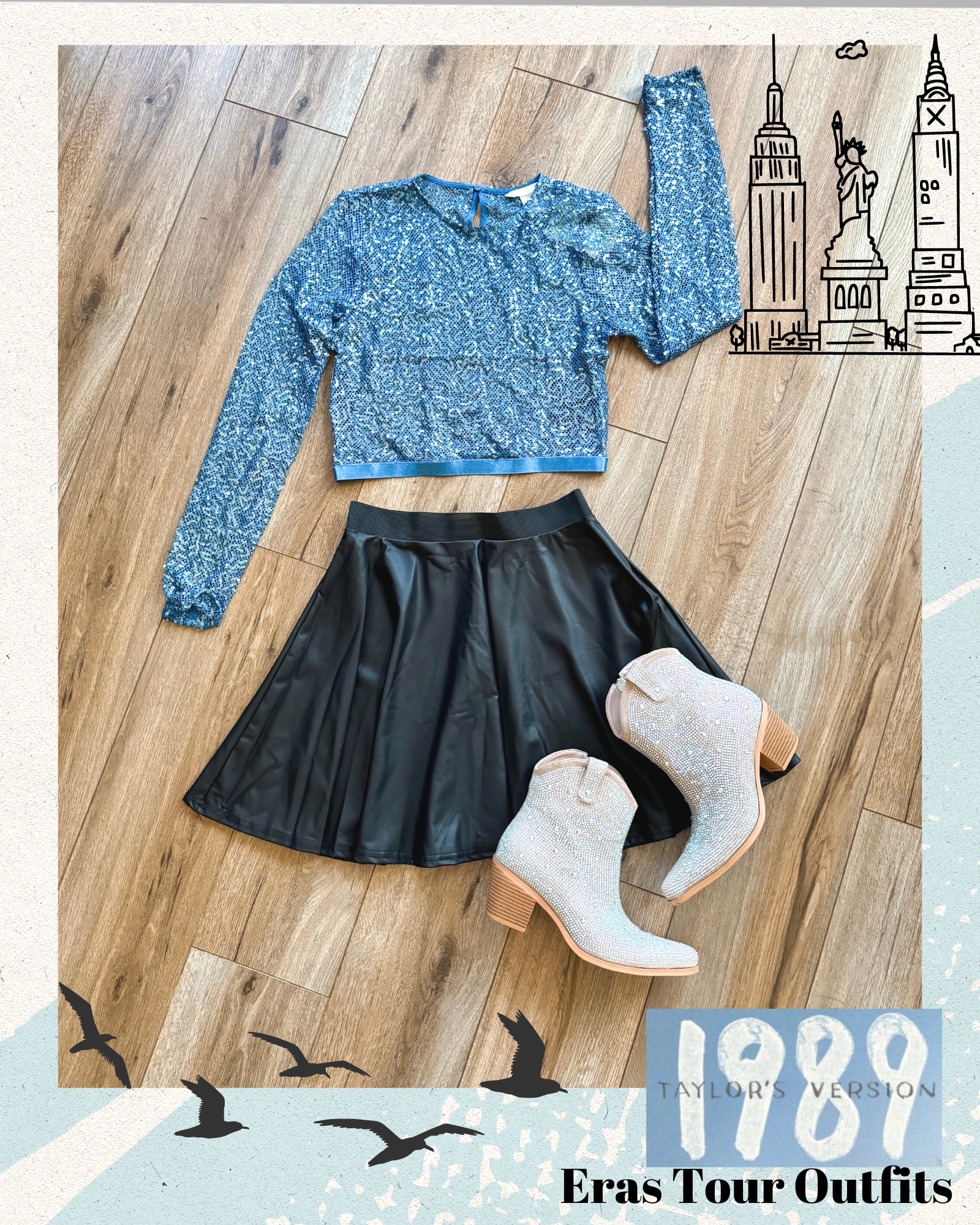 taylor swift eras tour outfit. 1989 eras tour outfit. a sparkly blue crop top with a leather skater skirt and sparkly rhinestone boots.