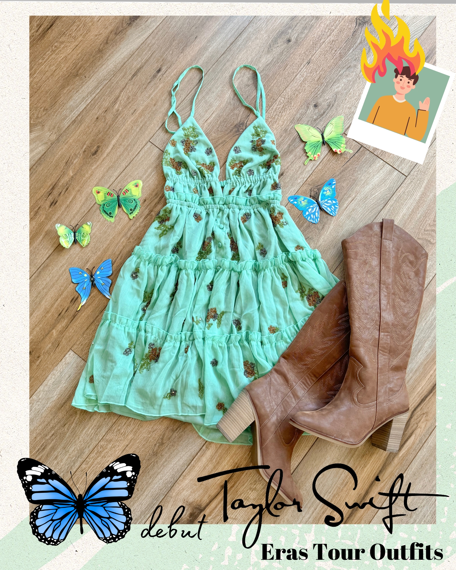 taylor swift eras tour outfit. debut eras tour outfit. a turquoise dress with brown cowboy boots