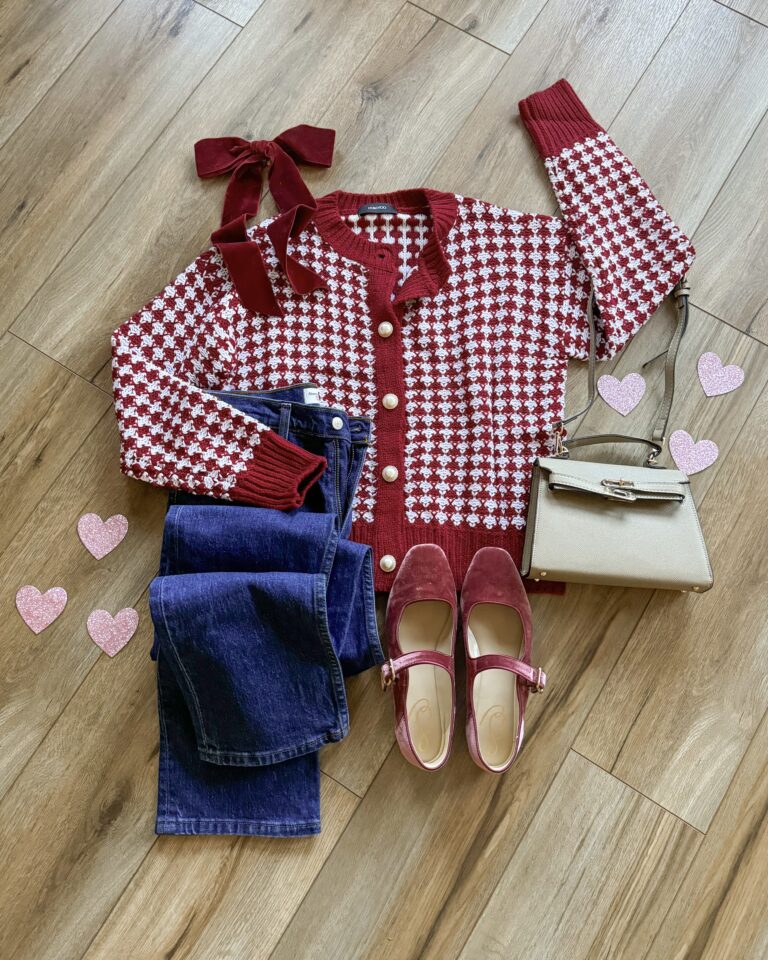 valentine's day outfit. cute valentine's day outfits for teachers. amazon fashion. pearl button cardigan. galentine's day outfit