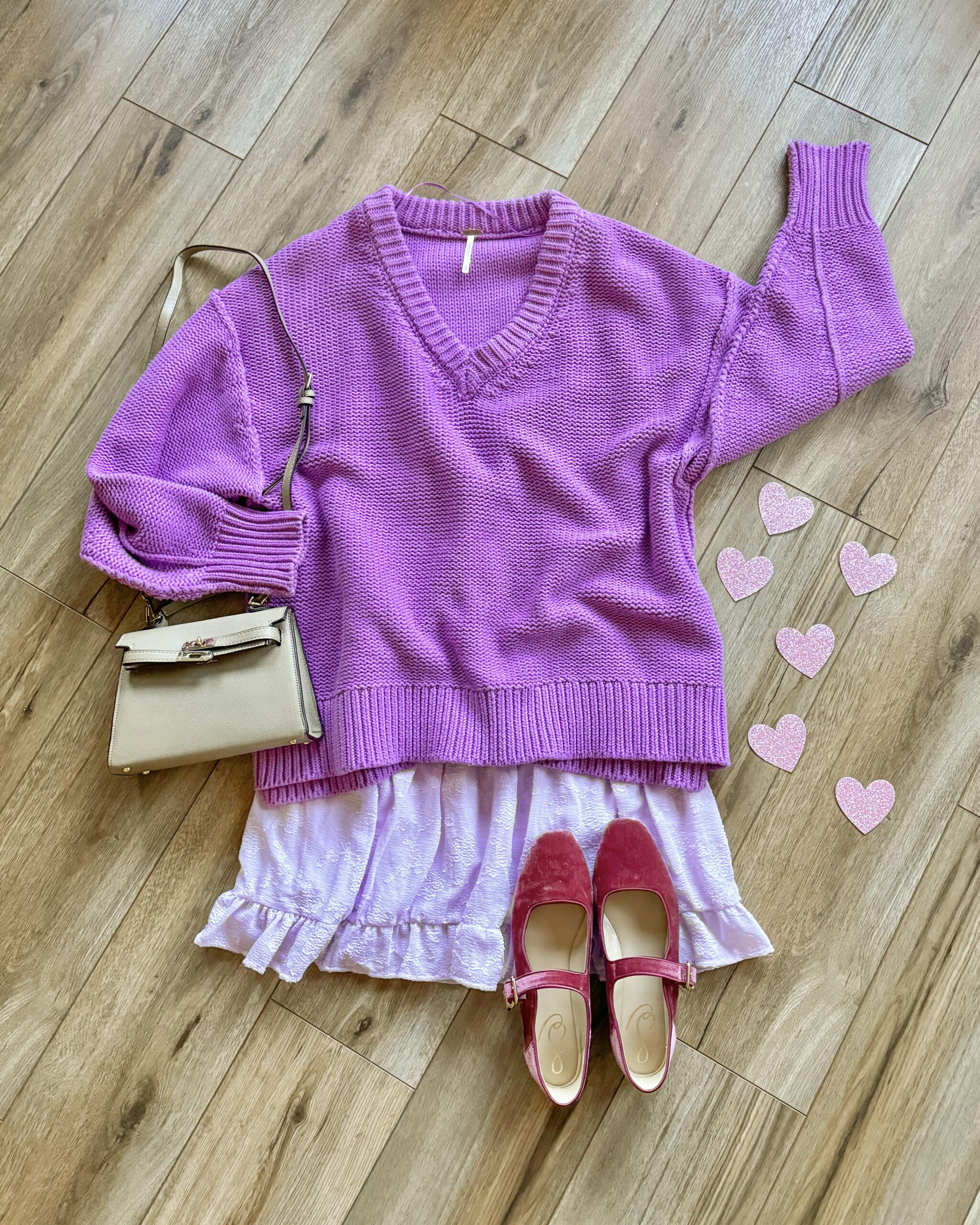 valentine's day outfit ideas, spring dresses, valentine's day dress. purple sweater