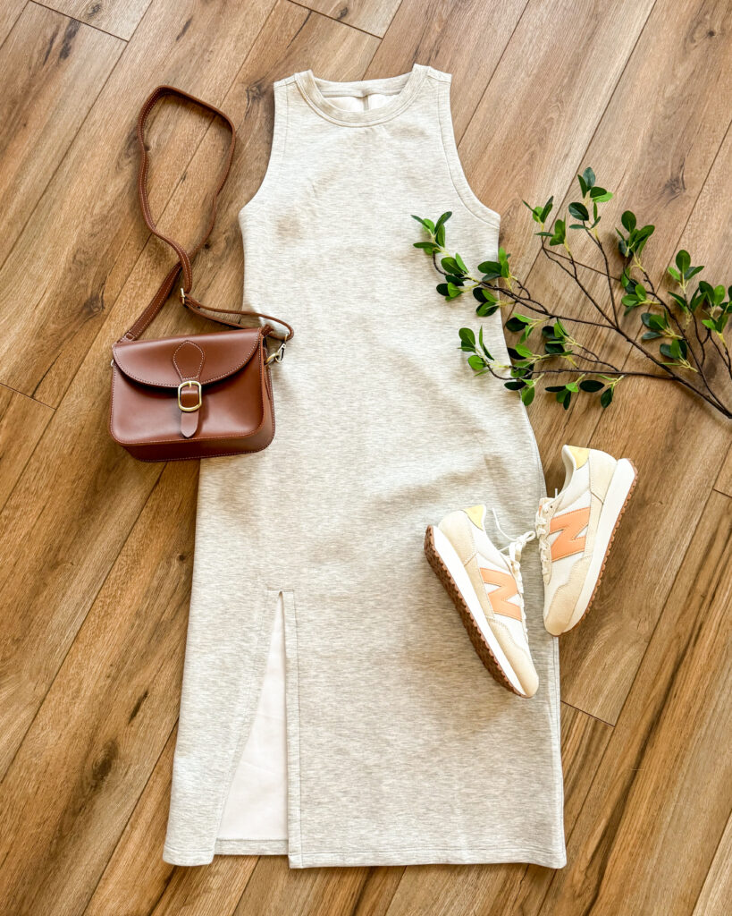 the abercrombie ypb dress styled with new balance sneakers and a faux leather bag. casual everyday outfit.