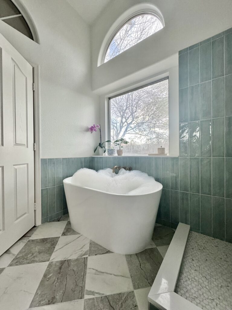 standing bath tub ideas. bathroom remodel ideas. affordable bathroom remodel. checkerboard bathroom floor. blue tile bathroom