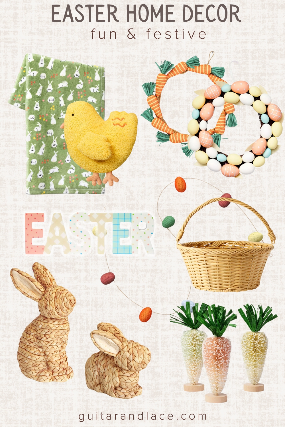 festive and fun easter decor. easter decorating ideas. easter basket. wicker easter basket. carrot bottle brush decor.