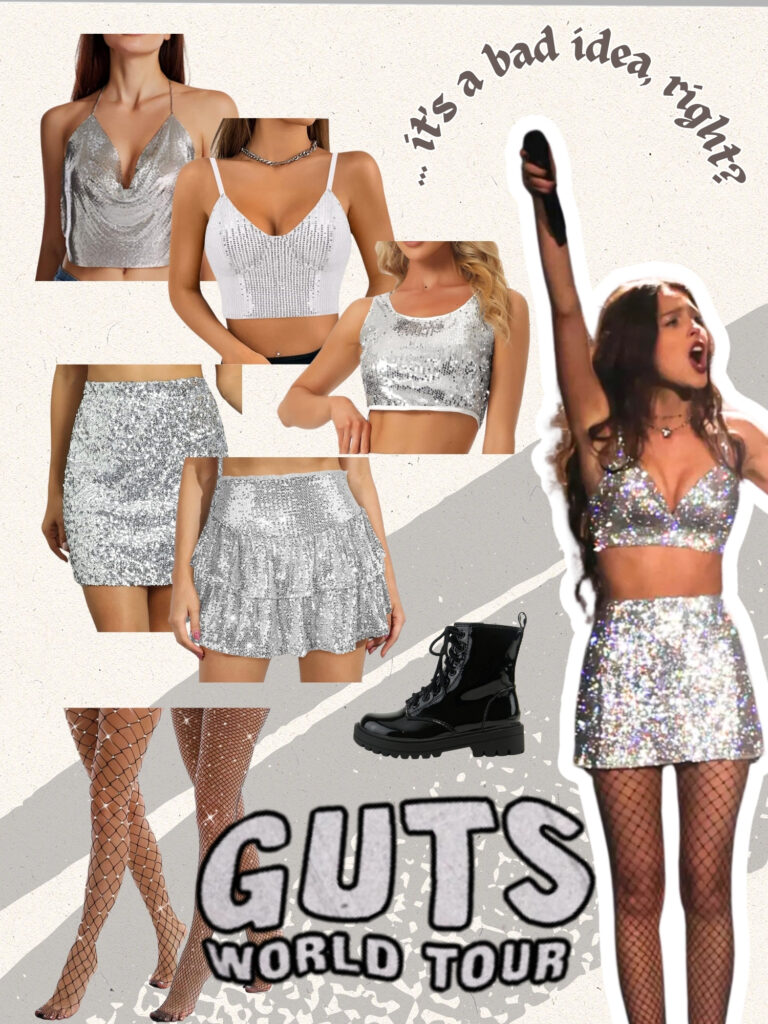 Olivia Rodrigo GUTS world tour outfit ideas. GUTS tour silver sparkly outfit. Olivia Rodrigo GUTS tour outfits. Guts world tour outfit ideas.