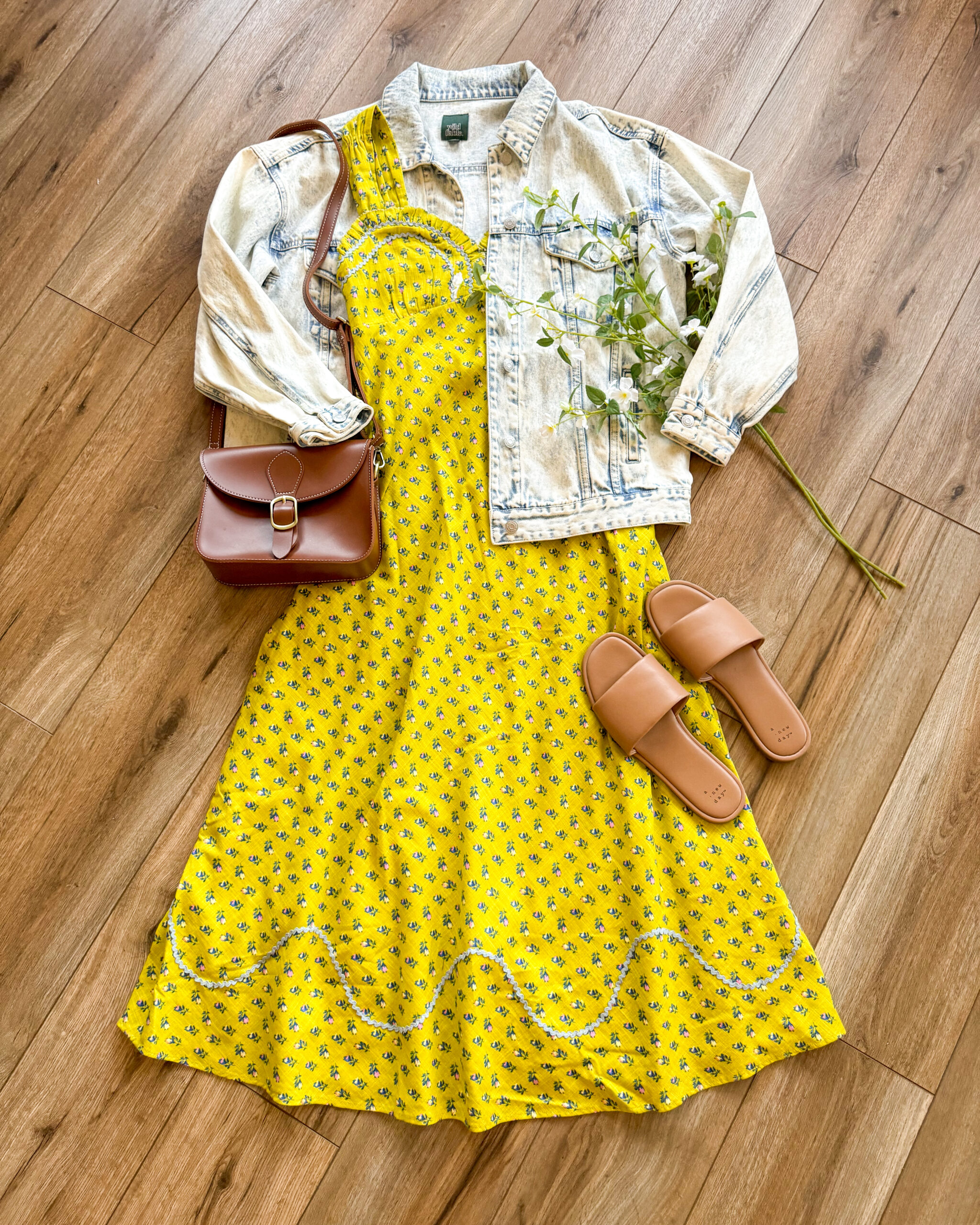 beautiful citron yellow midi dress by free people styled with an oversized denim jacket. spring dresses. Everyday Spring Trends