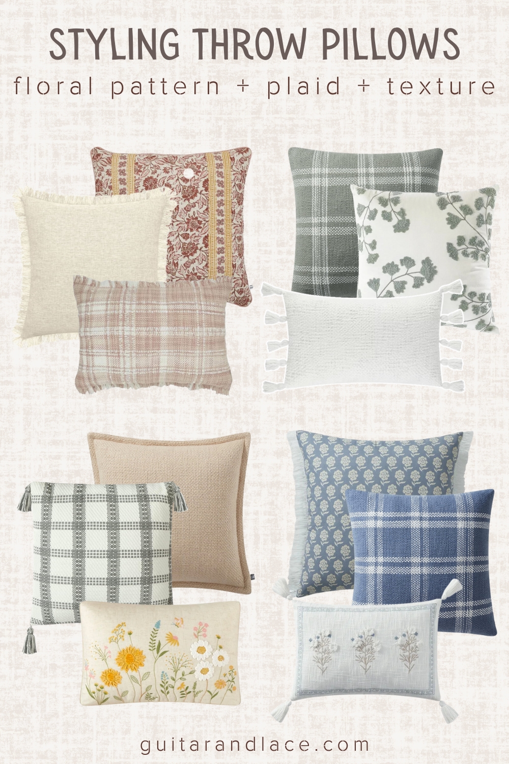 throw pillow combinations, throw pillow combos, throw pillow ideas, floral throw pillow, plaid throw pillow