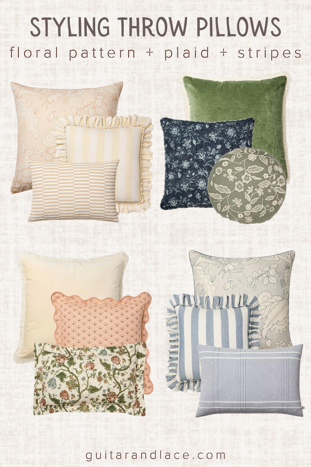 spring throw pillow ideas. throw pillow combos. throw pillows for blue couch. throw pillow ideas for grey couch. throw pillow ideas for beige couch.