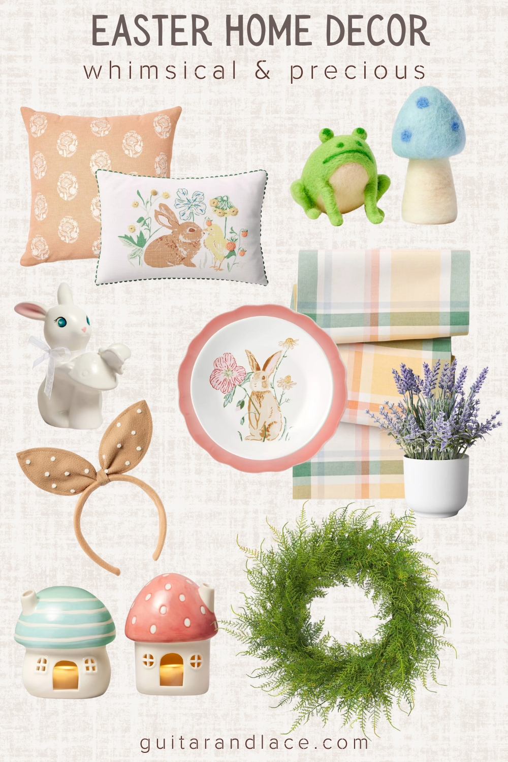 easter decor ideas. easter decorating. spring home decor. spring wreath. fairy garden decor. mushroom light up houses. easter dinner plates.