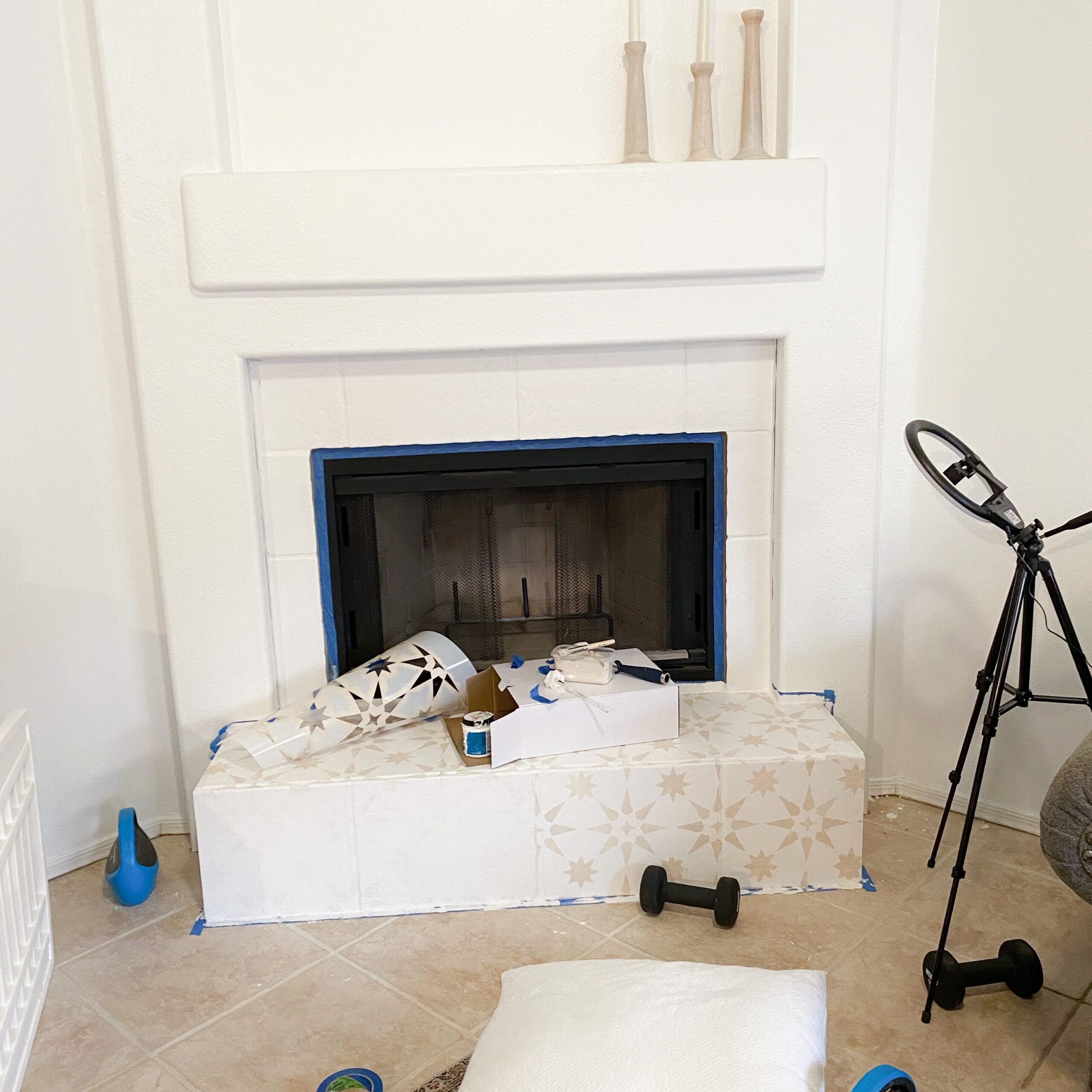 diy fireplace makeover, paint fireplace tile, fireplace tile stencil, boho fireplace tile, painted fireplace