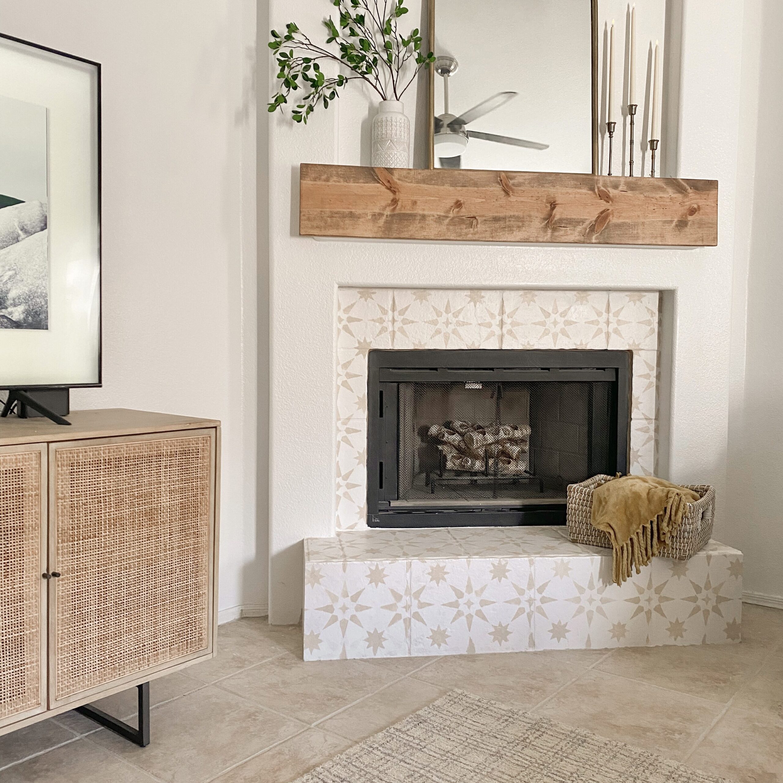 diy fireplace makeover, paint tile fireplace, fireplace tile paint, stencil tile fireplace, pure white sherwin williams, wood mantle, star tile stencil, summer mantle decor, fall mantle decordiy fireplace makeover, paint tile fireplace, fireplace tile paint, stencil tile fireplace, pure white sherwin williams, wood mantle, star tile stencil, summer mantle decor, fall mantle decor