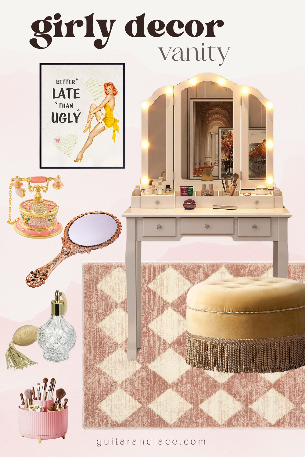 girly vanity decor. makeup vanity ideas. 50s inspired makeup vanity. retro makeup vanity.
