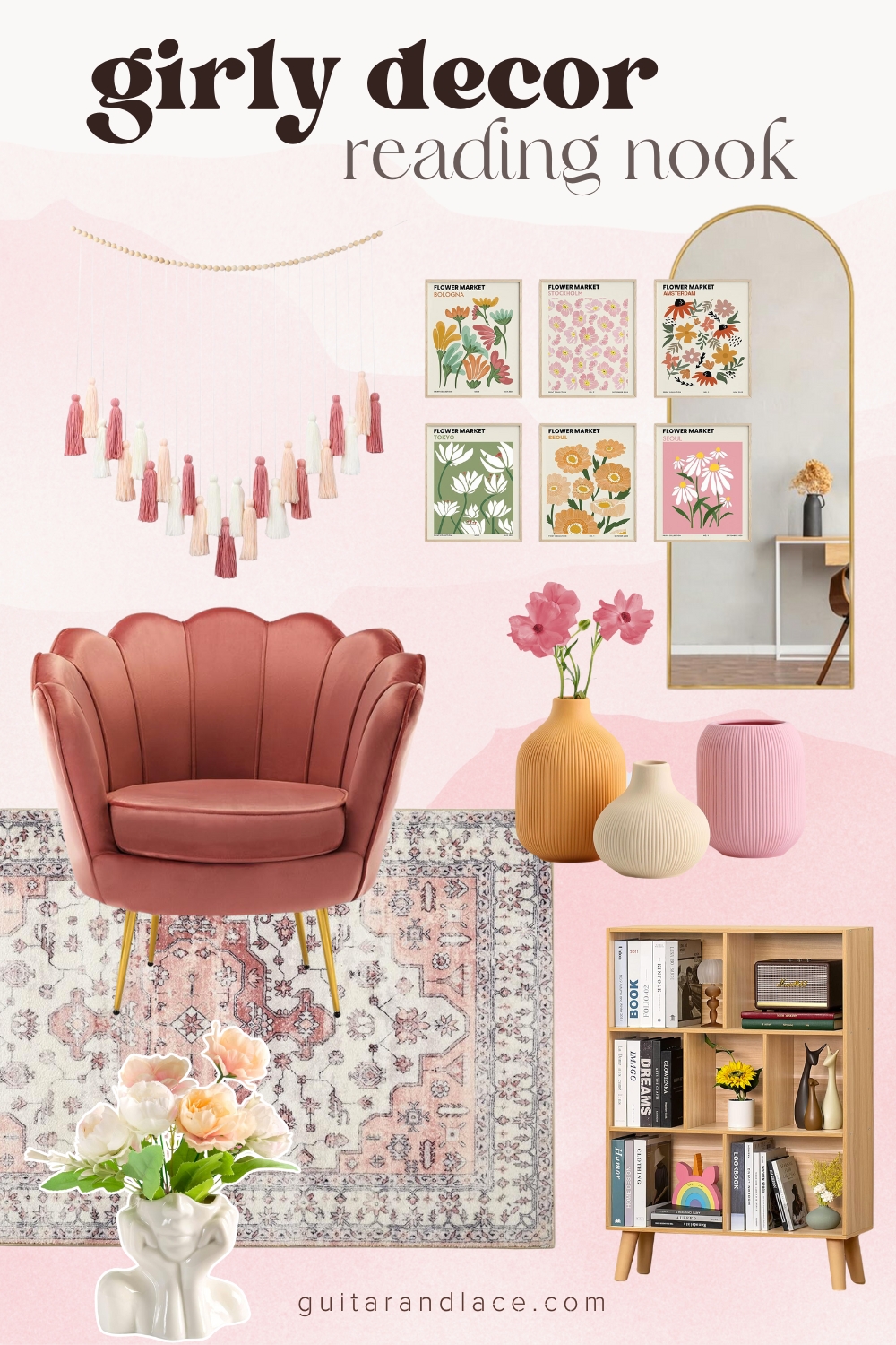 girly apartment decor. girly reading nook. girly rug.