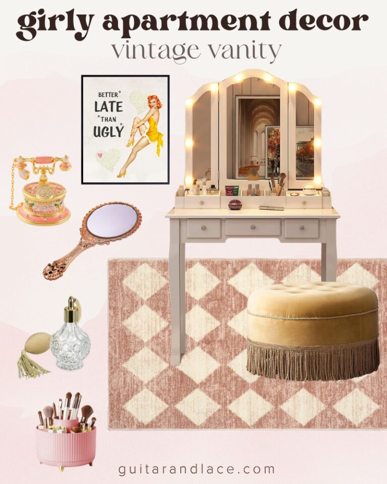 girly apartment decor. affordable apartment decor. coquette apartment ideas. retro apartment ideas. groovy apartment ideas. vintage makeup vanity ideas.