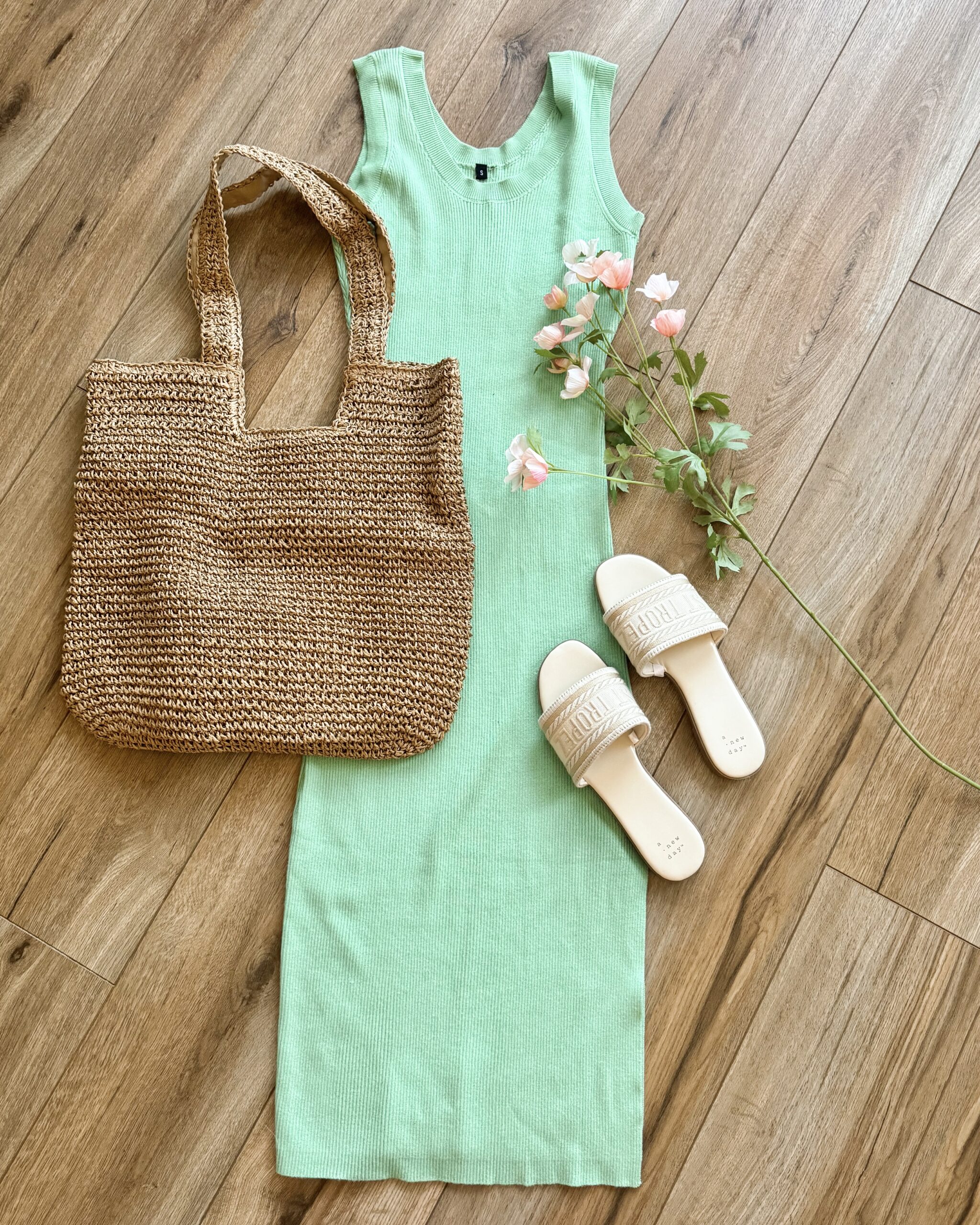summer dress. ribbed fitted dress. ribbed sweater dress. sleeveless sweater dress. slide sandals. Amazon Summer Outfit