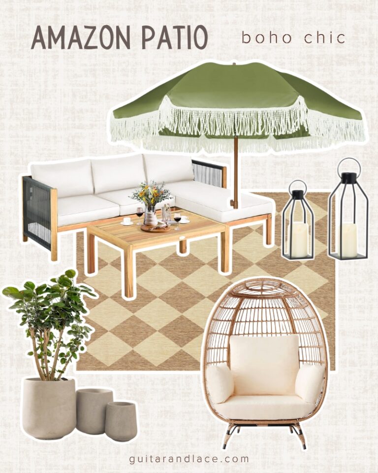 amazon patio decor. patio ideas. checkered patio rug. patio umbrella. fringe umbrella. outdoor lanterns. patio sectional. egg chair.