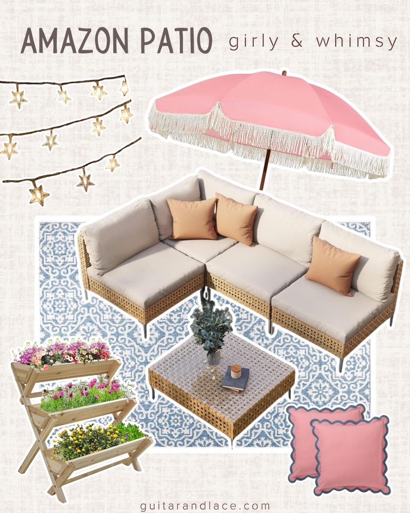 patio decor from amazon. girly patio decor. girly balcony ideas. girly patio ideas. outdoor area rug. raised garden bed. patio sectional. outdoor sectional. 