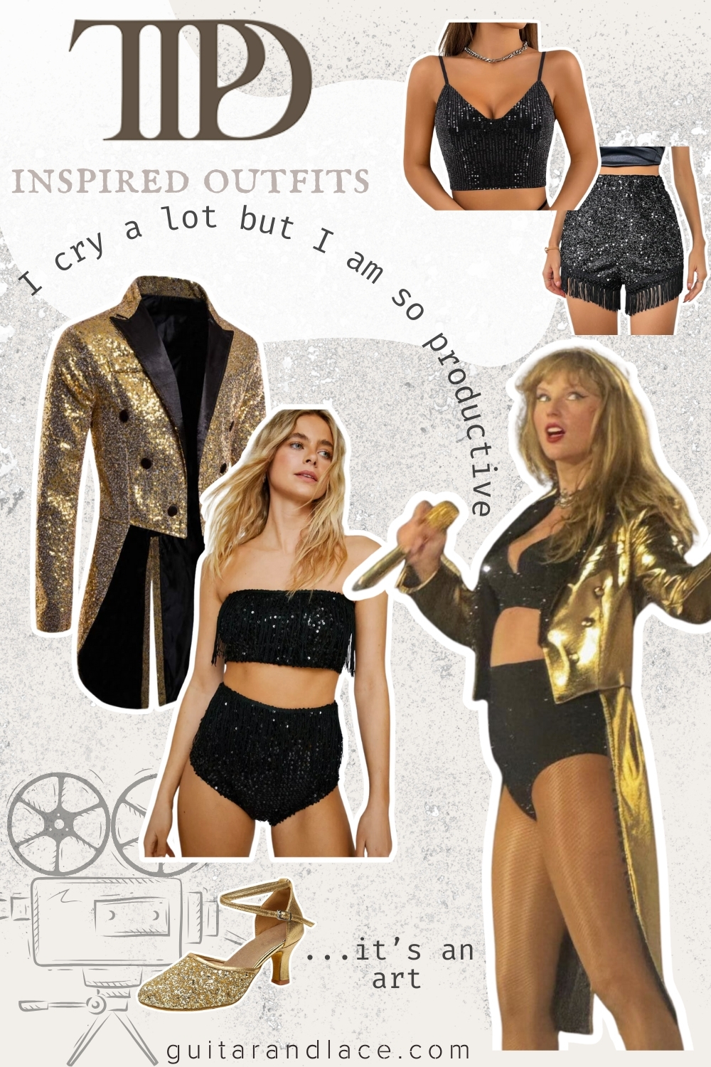 ttpd eras tour outfits. i can do it with a broken heart eras tour outfit. the tortured poets department eras tour outfits. gold tailcoat. black sequin hot pants, black sparkly crop top.