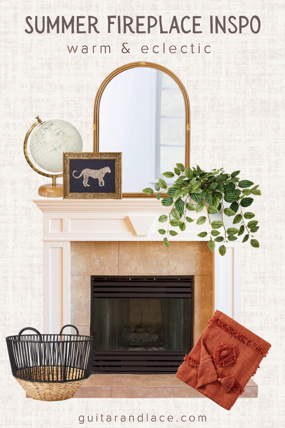summer fireplace decor, fireplace mantle decor ideas, summer fireplace ideas, summer mantle decor, summer living room decor, classic fireplace decor, grandmillennial fireplace decor