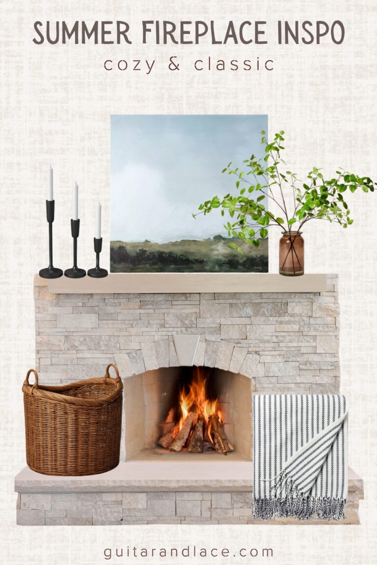summer fireplace decor, fireplace mantel decor ideas, summer fireplace ideas, summer mantel decor, summer living room decor, classic fireplace decor
