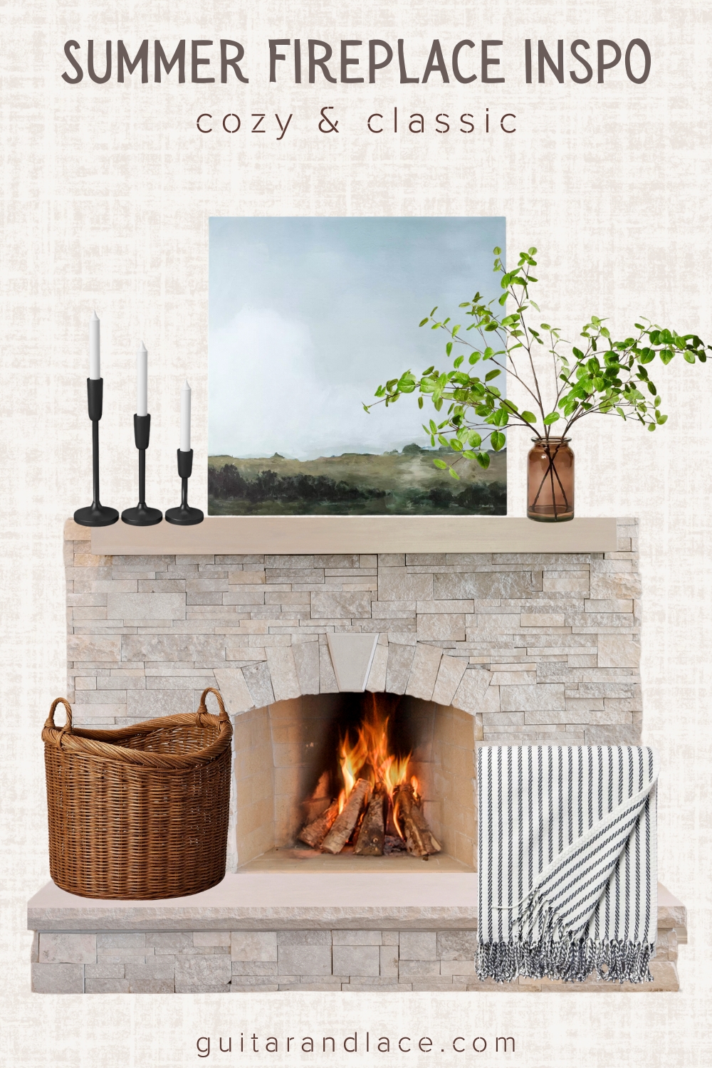 summer fireplace decor, fireplace mantle decor ideas, summer fireplace ideas, summer mantle decor, summer living room decor, classic fireplace decor