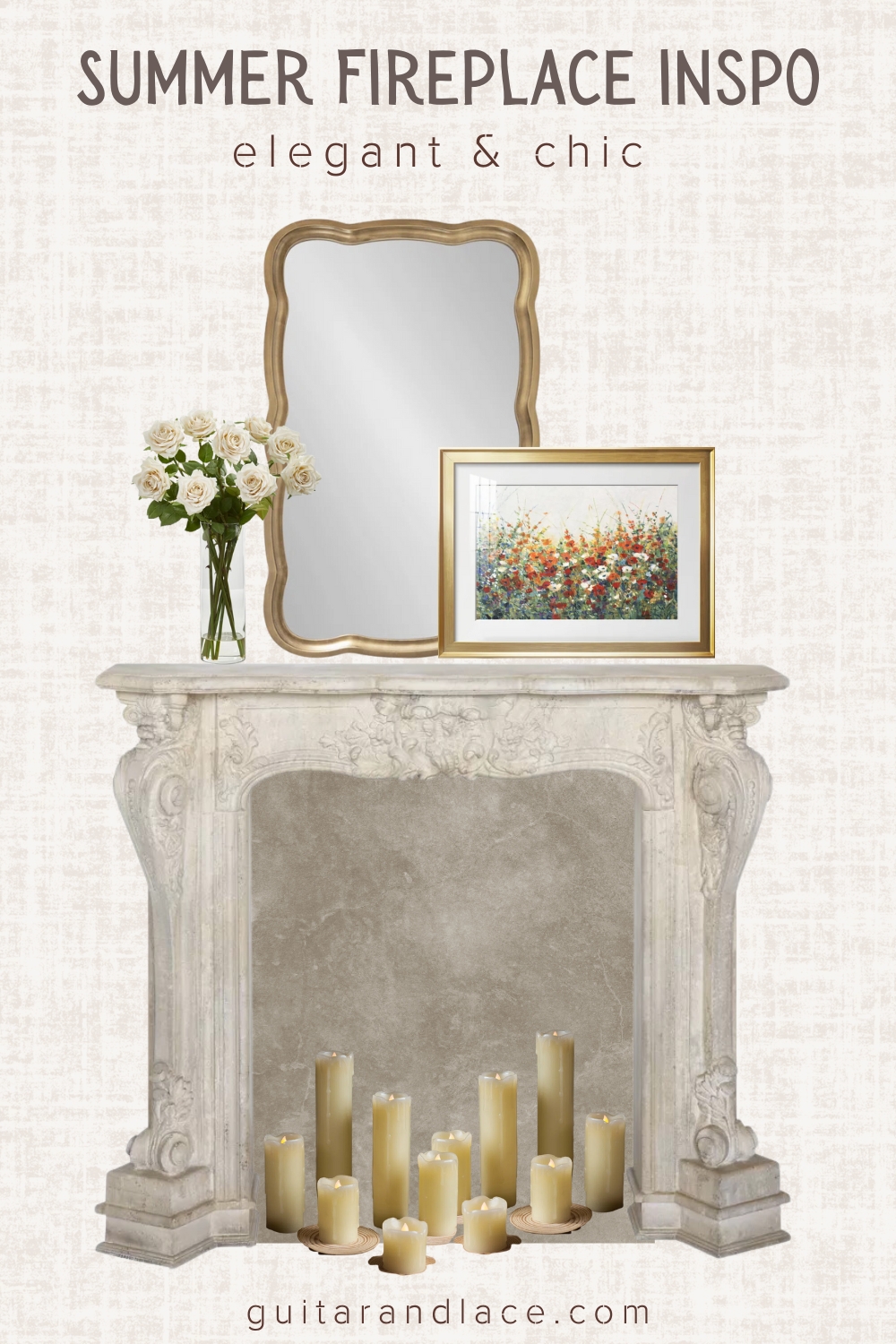 chic fireplace decor, girly fireplace decor, summer fireplace decor, fireplace mantle decor ideas, summer fireplace ideas, summer mantle decor, summer living room decor, classic fireplace decor, marble fireplace surround, fireplace candles
