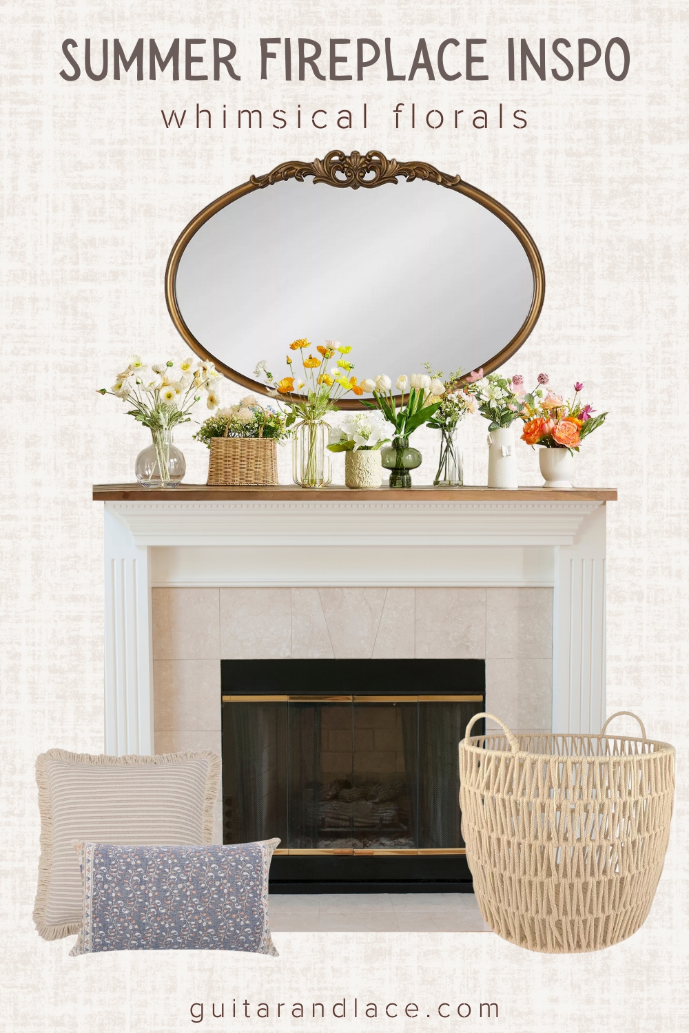 summer fireplace decor, fireplace mantle decor ideas, summer fireplace ideas, summer mantle decor, summer living room decor, classic fireplace decor, girly living room decor, fireplace mirror, flowers across fireplace mantle