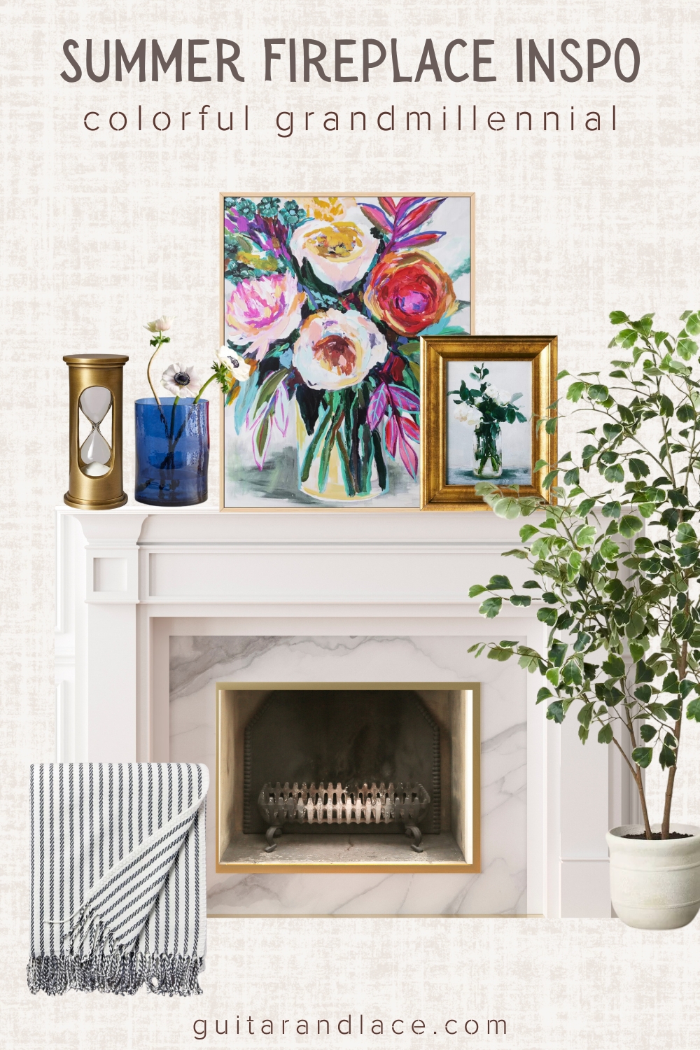 summer fireplace decor, fireplace mantle decor ideas, summer fireplace ideas, summer mantle decor, summer living room decor, classic fireplace decor, grandmillennial fireplace decor