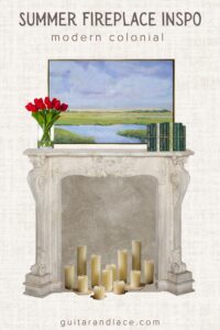 summer fireplace decor, fireplace mantel decor ideas, summer fireplace ideas, summer mantel decor, summer living room decor, classic fireplace decor, modern colonial decor, marble fireplace surround, fireplace art