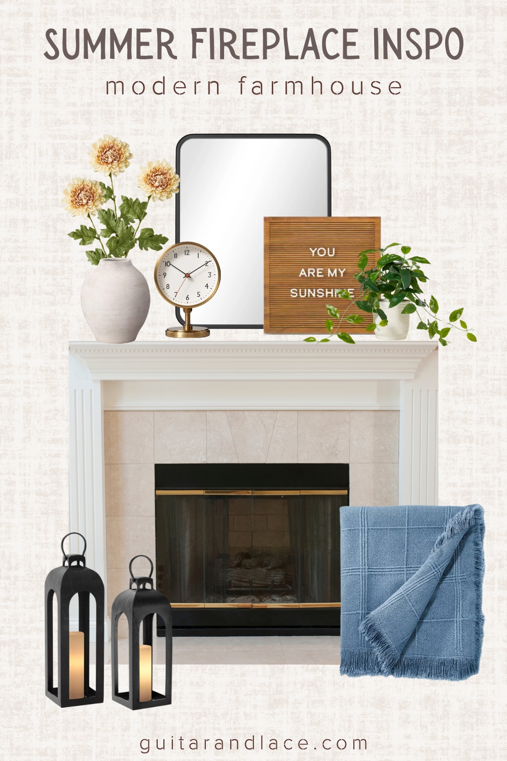 modern farmhouse fireplace decor, summer fireplace decor, fireplace mantle decor ideas, summer fireplace ideas, summer mantle decor, summer living room decor, classic fireplace decor, farmhouse decor