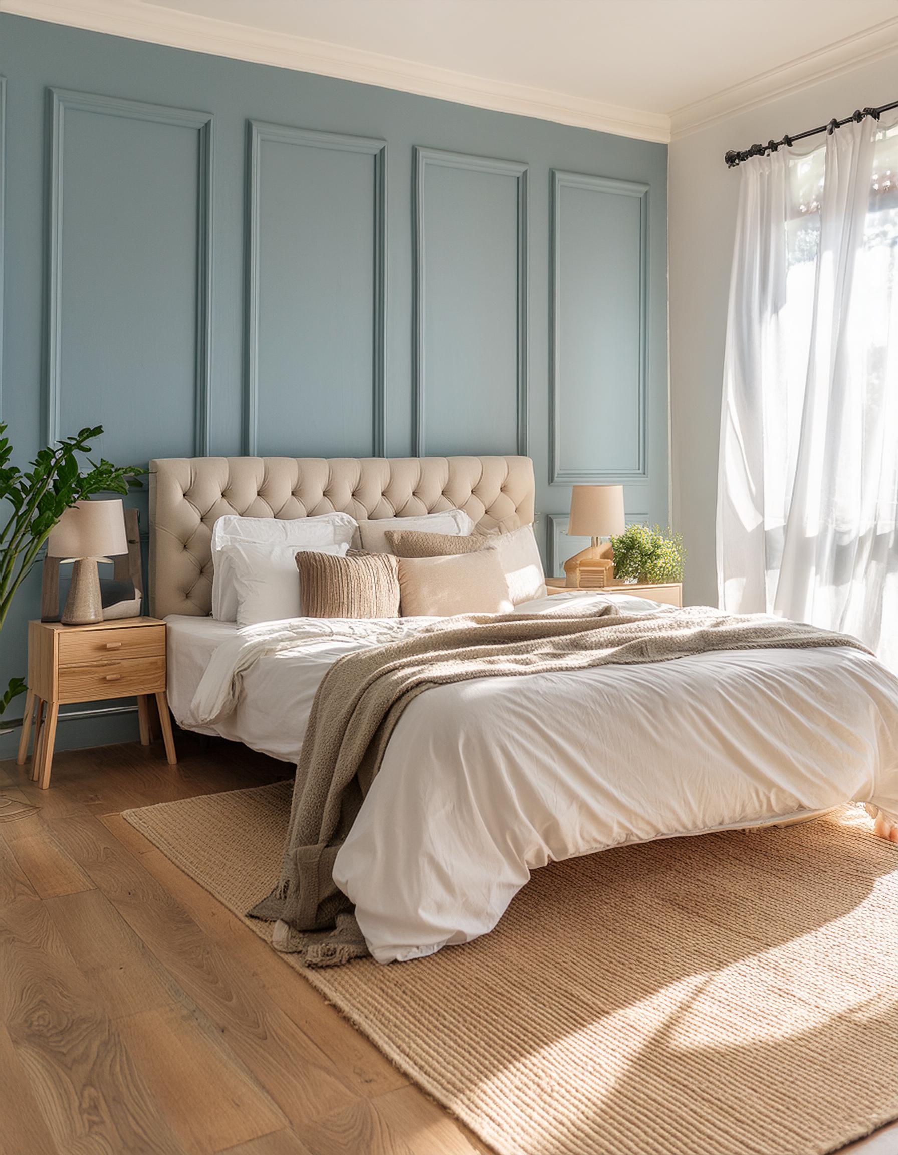 bedroom accent wall. bedroom wall trim. blue bedroom wall color. 