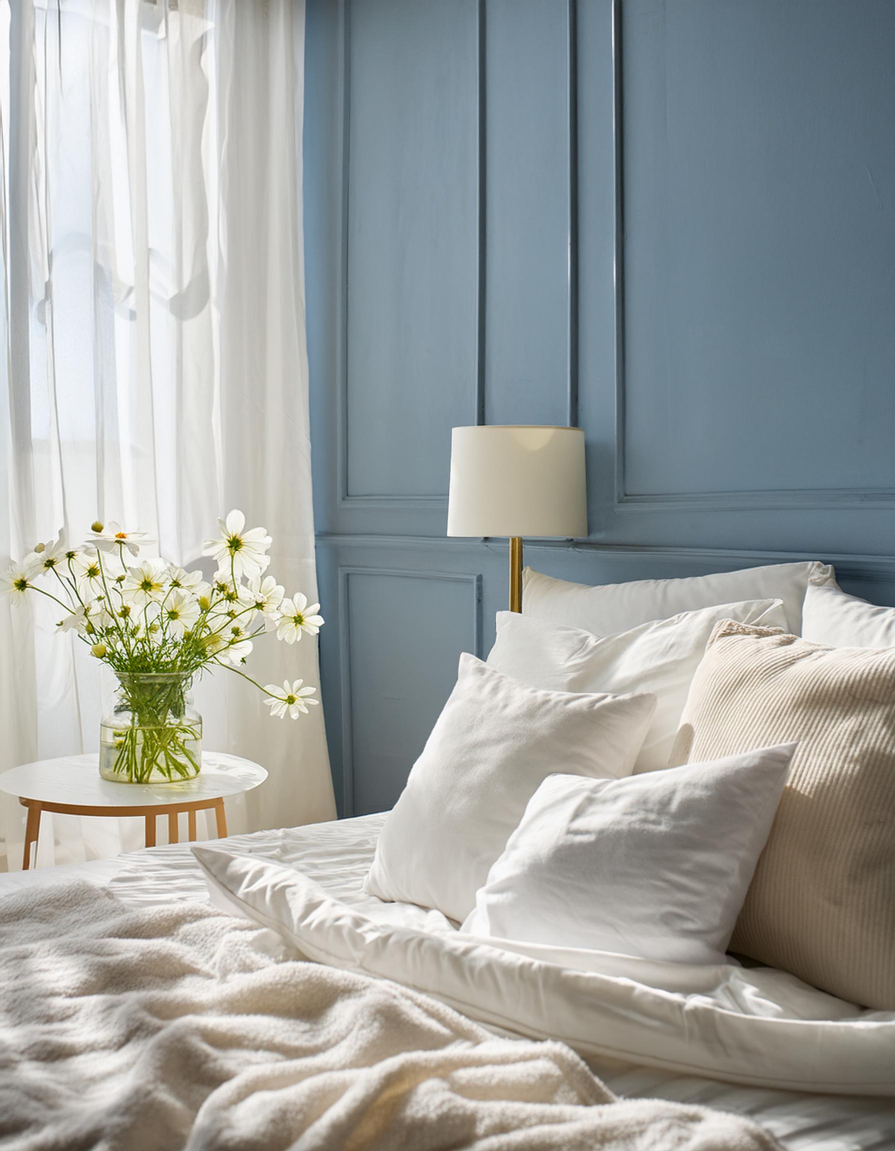 blue bedroom walls. airy white bedroom. simple cottage bedroom.
