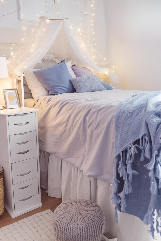lilac dorm room aesthetic. blue and white dorm room ideas. dorm room bedding. dorm bed canopy ideas. college dorm room decor.