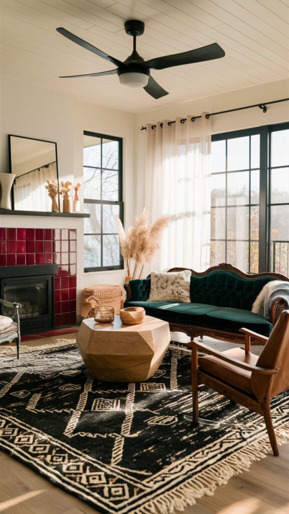 boho chic living room ideas, black boho rug, green velvet sectional, red tile fireplace, black ceiling fan, living room decor