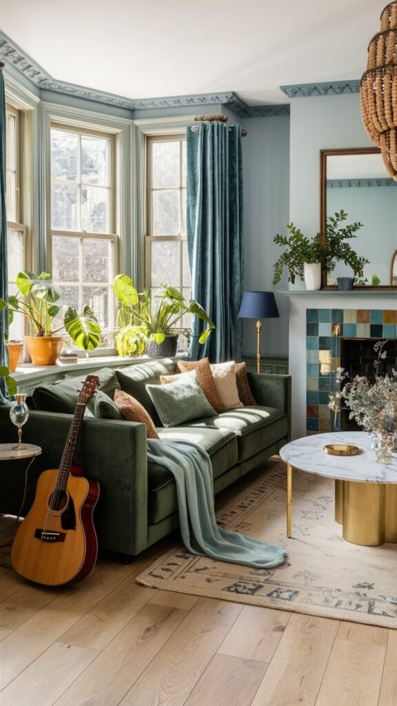 boho chic living room ideas, blue wall color, blue velvet curtains, blue tile fireplace, marble table, indoor plants on window sill