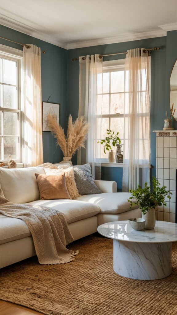 boho chic living room ideas, blue wall color, jute rug, cream sectional, living roo ideas