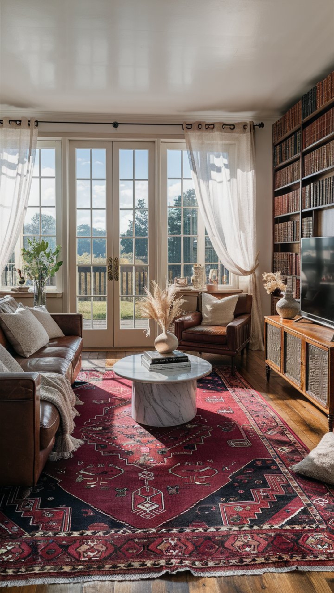 boho chic living room ideas, large french doors, red vintage rug, bookshelf wall ideas, beauty and the beast bookshelf room ideas.