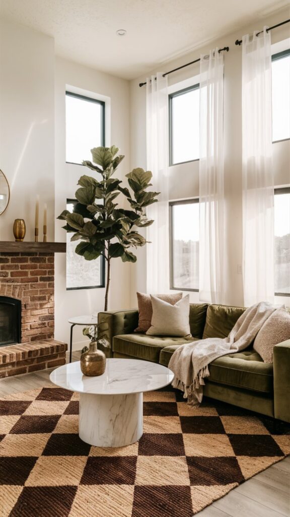 boho chic living room ideas, checkered area rug, checkerboard rug, sheer white curtains, olive green velvet couch