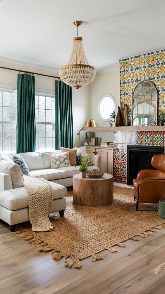 boho chic living room ideas, fun fireplace tile ideas, green velvet curtains, colorful living room ideas