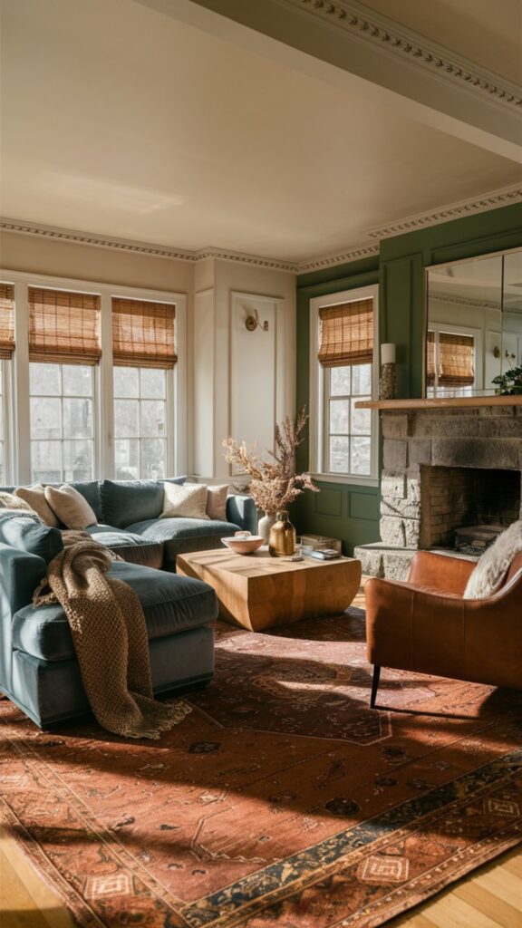 boho chic living room ideas, moody accent wall color, blue velvet sectional, roman shades, warm cozy living room ideas